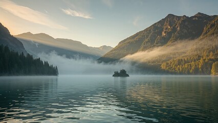 Summer Dawn Enveloped Mist Lakeside