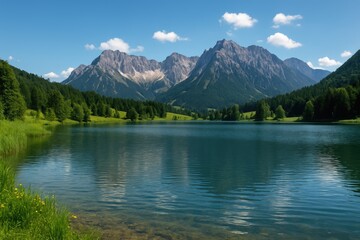 Peaceful scenery of a still lake set against a majestic mountain range