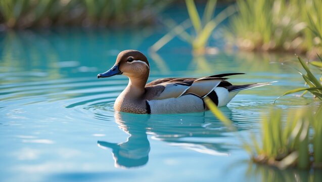 Northern Pintail male drifting in vivid blue surroundings