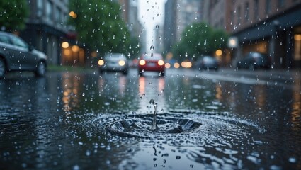 Raindrops splash into a puddle during a downpour