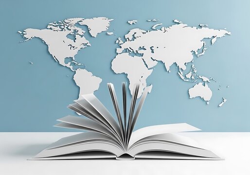 National read a book day an open book in front of a world map, symbolizing global knowledge, education, and learning opportunities