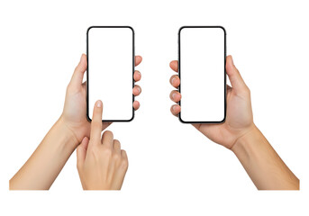 Two hands holding smartphones with blank screens isolated on transparent background