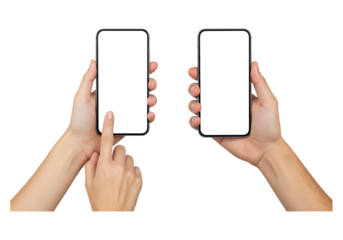 Two hands holding smartphones with blank screens isolated on transparent background