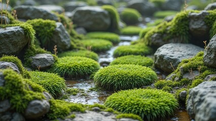 Mossy rocks and water stream landscape featuring vibrant green moss covered stones and a shallow water flow