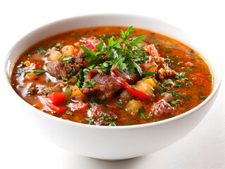 Fototapeta premium Hearty beef and vegetable soup in a white bowl, garnished with fresh parsley and spices