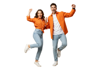 Joyful young couple celebrating success isolated on transparent background