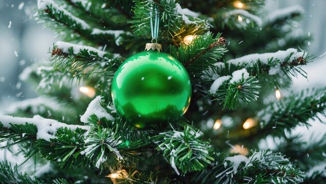 Green decorative ball with tinsel set against a green backdrop