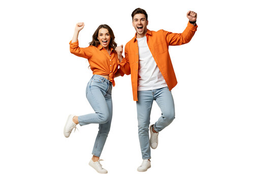 Joyful young couple celebrating success isolated on transparent background