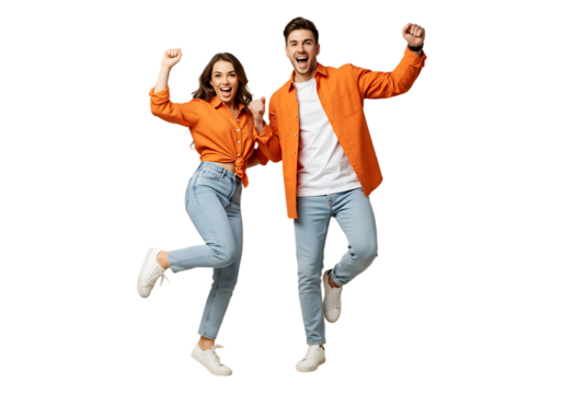 Joyful young couple celebrating success isolated on transparent background - Powered by Adobe