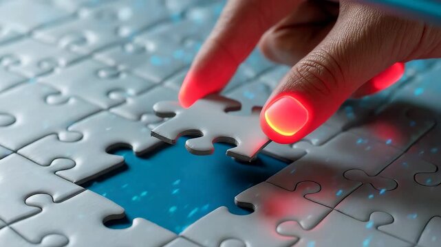 Close up of hand placing final puzzle piece with glowing red nails under soft light highlighting detail and precision in assembly process