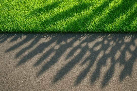 Fototapeta Green grass with contrasting shadows and lights on a textured asphalt background