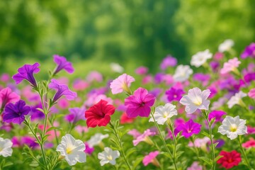 Colorful petunia display amidst garden scenery