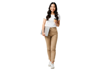 Young woman holding laptop and coffee isolated on transparent background