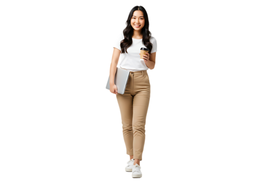 Young woman holding laptop and coffee isolated on transparent background