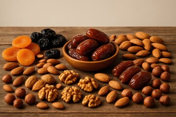 Fototapeta na wymiar A variety of dried fruits and nuts displayed on a wooden tabletop