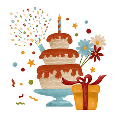 Festive watercolor composition in autumn colors: cake, candle, flowers, gifts, confetti. For design in printing, children's prints, and decorations