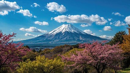 Fototapeta premium Elegant Snow-Capped Summit Amidst Lush Blossoms
