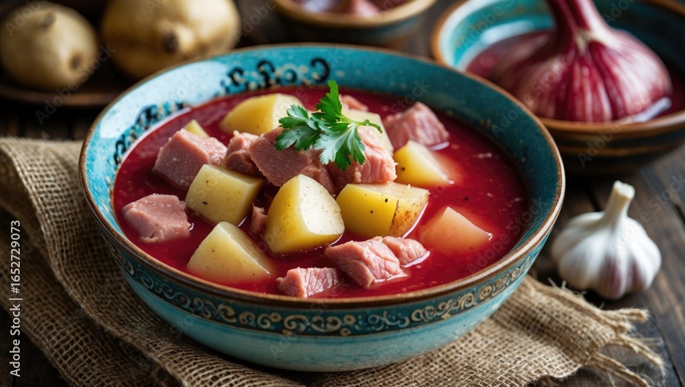 Aufkleber close-up view of authentic slavic red borscht with chunks of potato and pork, served in a ceramic bo