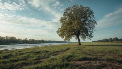 A lone tree standing in an open plain with a waterway running nearby, captured in a gritty style