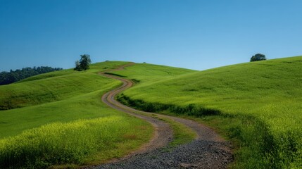 Serene Winding Path Through Lush Green Hills Under Clear Blue Sky in Bright Daylight