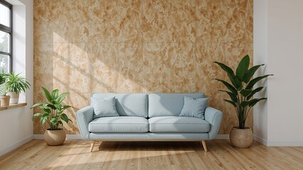 Modern open-plan living space with plywood wall accents and wood flooring, light blue retro-style sofa with pillows, and vibrant tropical ferns adjacent to a low window. Urban jungle decor mock-up.