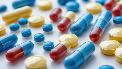 Magnified view of medication in healthy containers, showing antibiotics and hazardous drugs including blue pills and colorful capsules on a white backdrop.