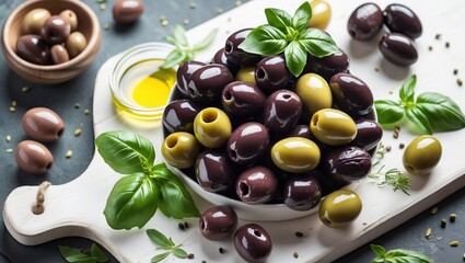 A platter of black kalamata and green olives with basil leaves, served with high-quality olive oil on a white wooden board, top view