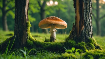 Fototapeta premium Moss-covered meadow with a mushroom enclosed in a wooden frame