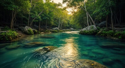Naklejka premium Crystal-clear river winding through lush, verdant jungle at sunrise