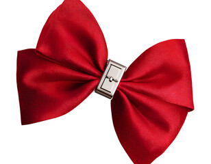 Elegant red bow hair clip with shiny satin texture isolated on transparent background PNG