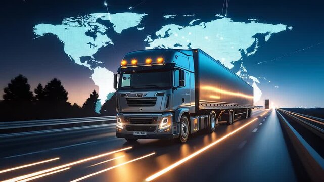 Modern freight truck driving on futuristic highway at night with glowing road lights and digital world map background showing global transport network