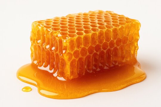 Detailed view of a honeycomb segment filled with honey against a white backdrop