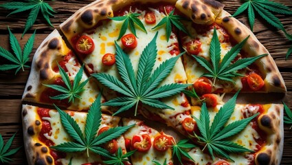 Fototapeta premium Homemade flatbread with medicinal cannabis and greenery adornment on wood