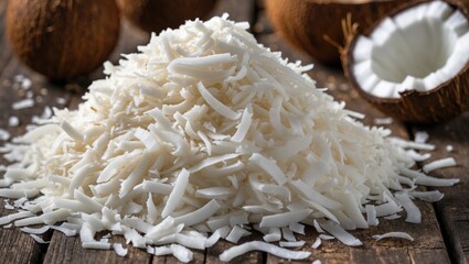 Detailed view of grated coconut arranged on a wooden background