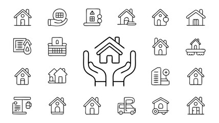 Collection of house icons representing real estate, architecture and home design elements