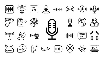 Vector illustration of podcasting icons featuring microphone, sound waves and broadcasting symbols