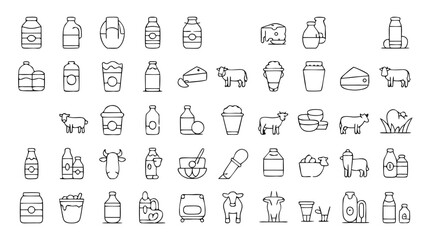 Dairy products assortment featuring milk, cheese, and livestock in outline style