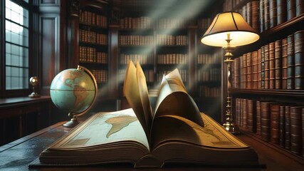 Ancient library interior with open book glowing under sunlight rays near classic globe and vintage lamp surrounded by wooden shelves of books - Powered by Adobe