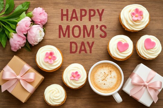 Heartfelt Mother's Day greeting scene featuring sweet treats, flowers, coffee cups, and presents on a rustic wooden surface - Powered by Adobe