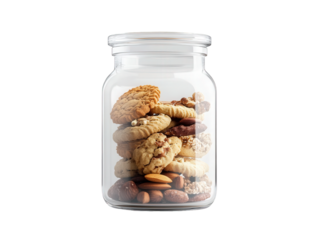 Delicious assorted cookies and nuts perfectly stacked inside a clear glass jar for a tempting treat