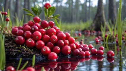 Huge cranberry clusters submerged in a wetlands area