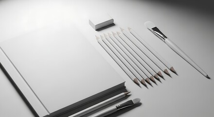 Minimalist stationery mockup featuring sketchbook, pencils, brushes and eraser