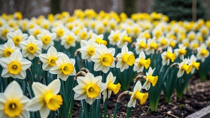 Obraz premium Spring scene showcasing a multitude of yellow Daffodils blooming in a garden bed