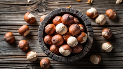 Obraz premium Hazelnuts scattered on aged wooden planks