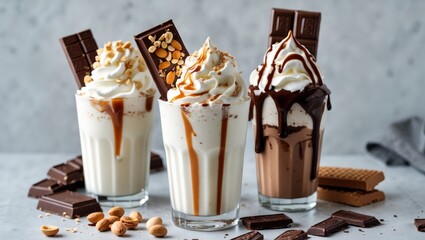 Creamy milkshake drinks adorned with whipped cream and chocolate syrup, including options with ice cream, nuts, caramel, and cookies