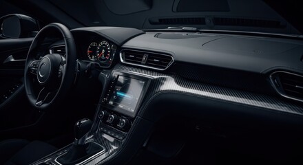 Dark, modern car interior.  Dashboard, steering wheel, and center console are featured.  Sleek, black design
