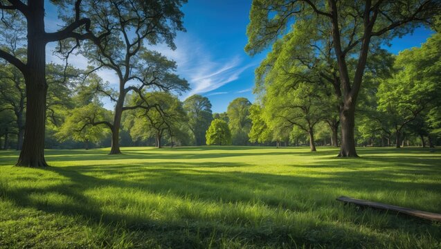Picture of a natural park landscape with vibrant grass, tall trees, and clear blue sky - Powered by Adobe