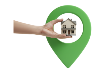 Hand holding a miniature house inside a green location pin isolated on transparent background