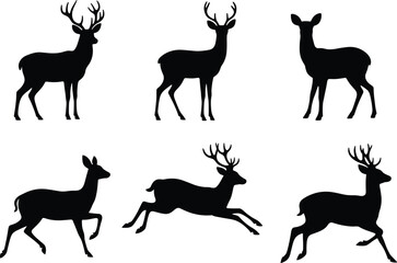 Black and White Silhouette of Deer with Large Antlers – Majestic Wildlife Vector for Forest, Nature, and Hunting Themes