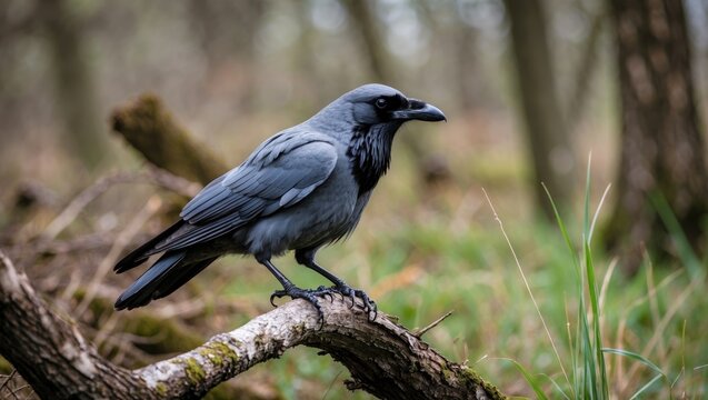 Reverent grey crow resting on a tree limb